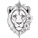 Half of the face of a lion, half the face of a lioness, 3 flowers and a little lion girl with a crown tattoo design idea