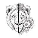 Half of the face of a lion, half the face of a lioness, 3 flowers and a little lion girl with a crown tattoo design idea