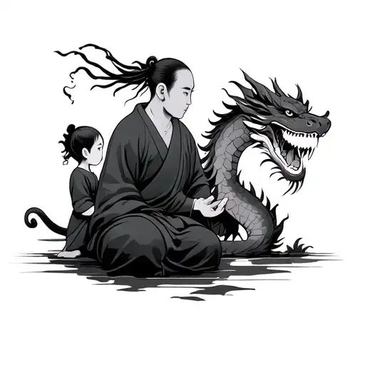 Japanese Monk teaching A child and dragon side view tattoo design idea