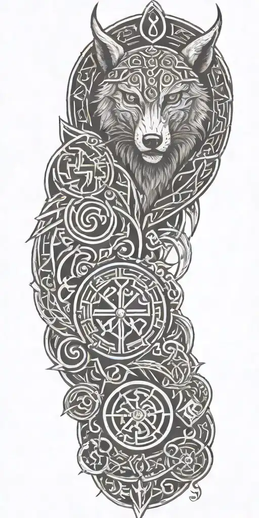 viking symbols, runes, ornaments, odins wolfs tattoo design idea