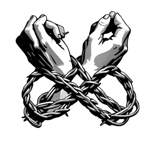 hand cuffs wrapped in barbed wire in an infinity sign tattoo design idea