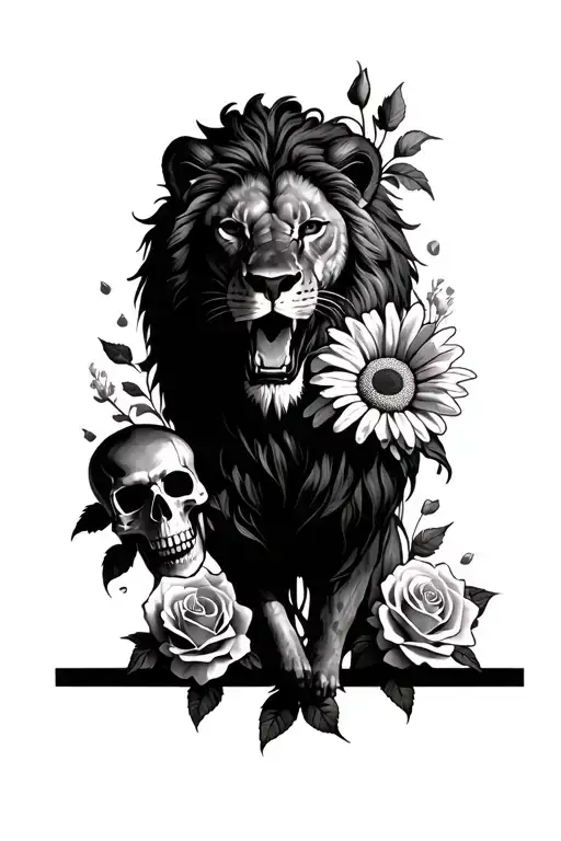 roaring lion, three roses, daisy, gladiolous, and two skulls  tattoo design idea