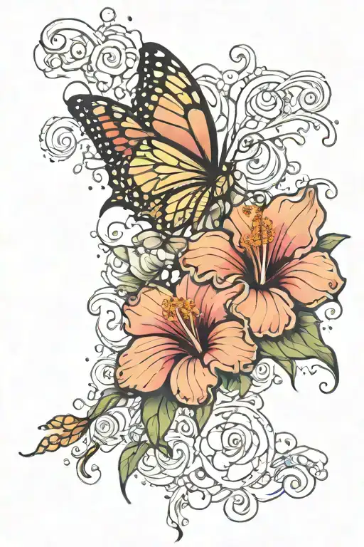 Hibiscus flower with butterfly's, wisp, stars, and jelly fish tattoo design idea