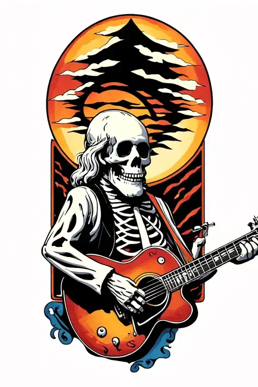 Use the imagery from the Grateful Dead album Blues for Allah but use the Old Man Guitarist skeleton instead tattoo design idea