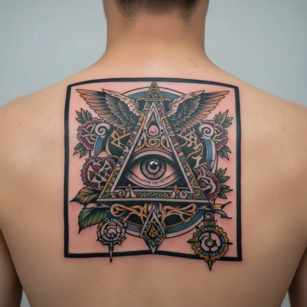 Incorporate symbols of the illuminati and freemasons in a music-themed tattoo design tattoo design idea