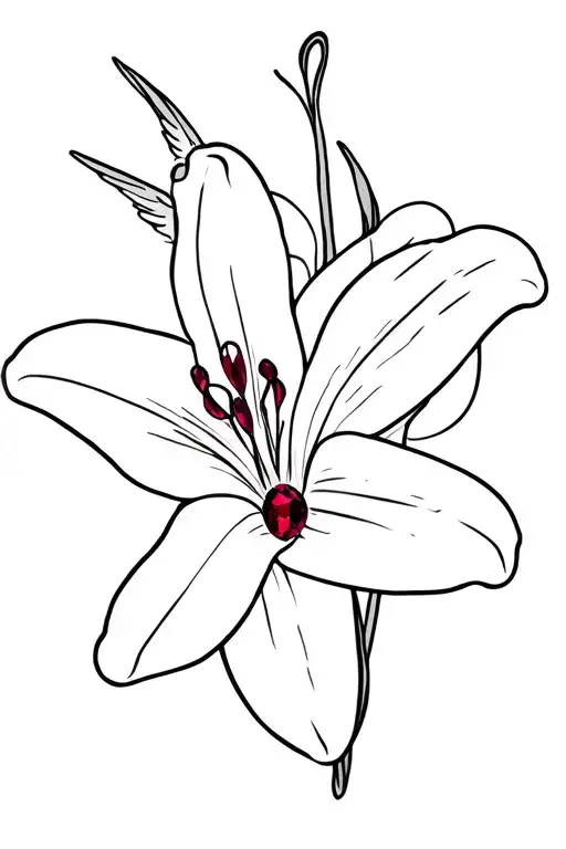 stargazer lily with garnet birth stone angel laying tattoo design idea