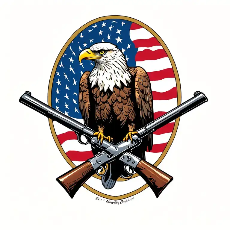 Bald Eagle perched on 2 old muskets crossed like an X with an American flag waving in the background. tattoo design idea