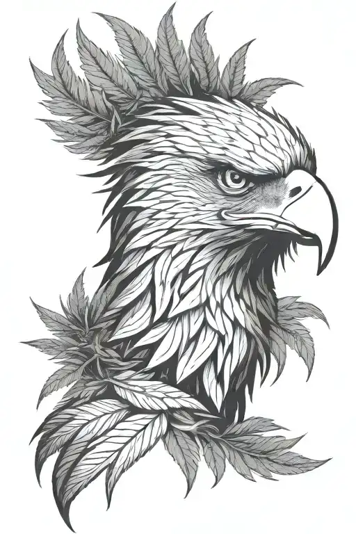 Eagle head, profile. Cannabis-leaf shaped feathers encircle head, radiating outwards. Detailed. tattoo design idea