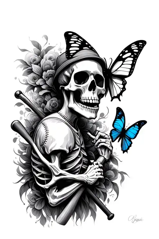 skeleton with baseball bat and butterfly tattoo design idea
