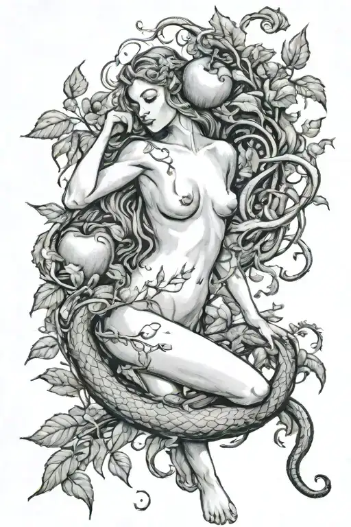 In the garden of eden with eve reaching for the apple while the serpent is tempting her to take a bite tattoo design idea