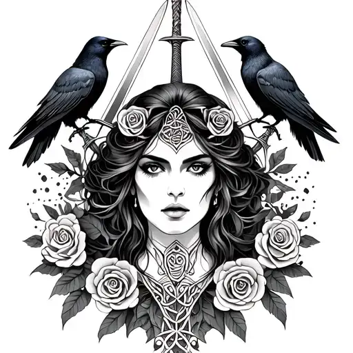 Celtic Goddess, Morrigan. Surrounded by ravens, black roses and swords tattoo design idea