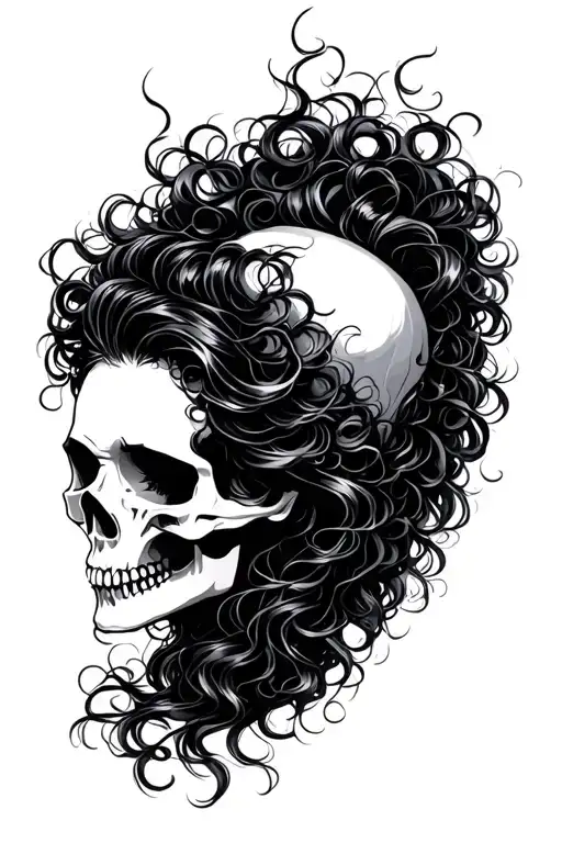 woman face curly hair break out of skull surrounded tattoo design idea