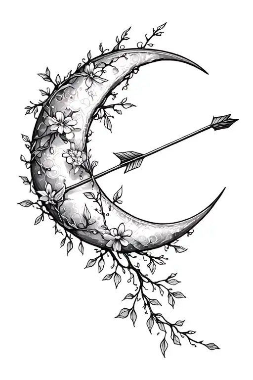 A crescent moon with an arrow made of vines and small flowers running through it, symbolizing strength and vulnerability tattoo design idea