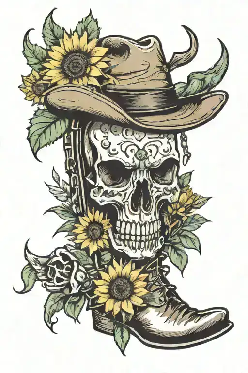 Western themed sleeve using cactus, bull skull, boots and sunflowers in traditional tattoo style tattoo design idea