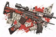 Mixture of multiple elements similar to background using different rifles, $100 dollar bills, females, Vietnamese  tattoo design idea