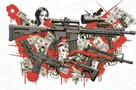 Mixture of multiple elements similar to background using different rifles, $100 dollar bills, females, Vietnamese  tattoo design idea
