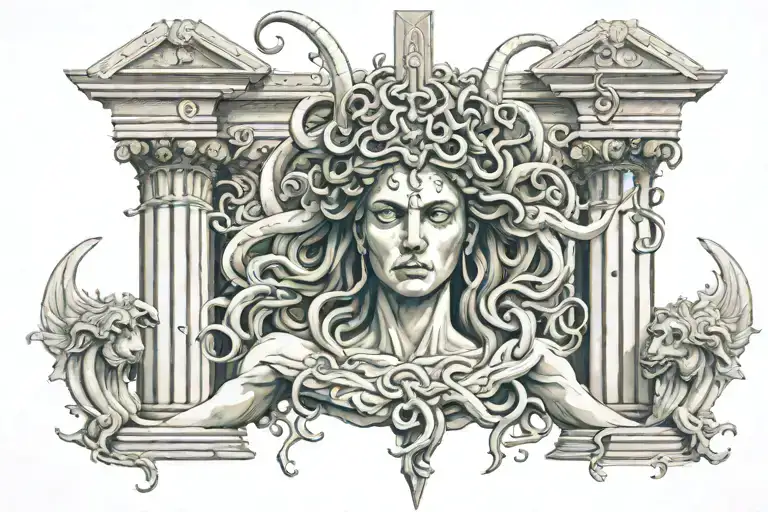 Medusa, Greek pillars, swords, additional gorgons tattoo design idea