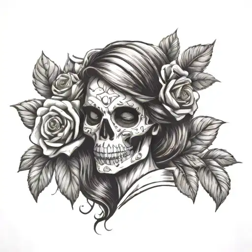 skull and roses skull candy girl tattoo design idea