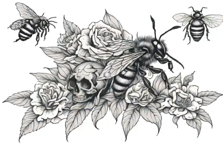 Bee's , flowers and skulls tattoo design idea