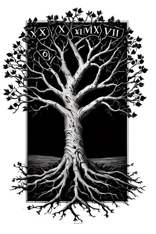 Black tree with roman numerals X.XX.MMXVIII as branches tattoo design idea