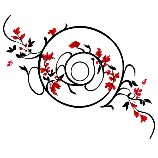 black fine line fibonacci spiral with red flowers, leaves and vines flowing into the spiral shape. tattoo design idea