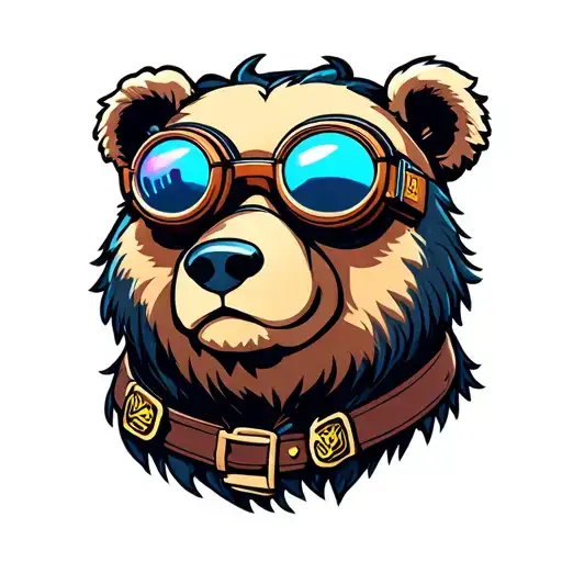could you creat a cartoon bear with DJ Rezz Hypnovision Eye goggles and the ravers leather harness on and show the bear  tattoo design idea