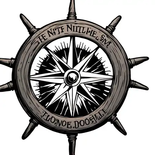 wooden sailboat wheel with the North Star shining behind it and the letters of a compass surrounding the North Sta tattoo design idea