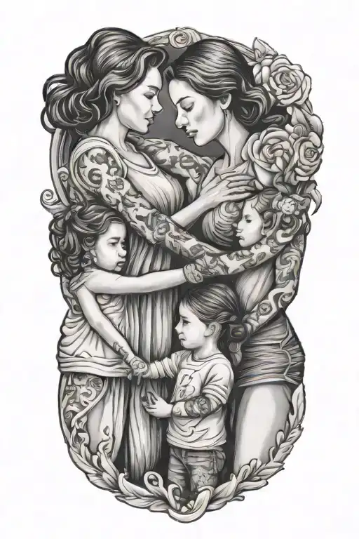 mother and two daughters holding hands holding tattoo design idea