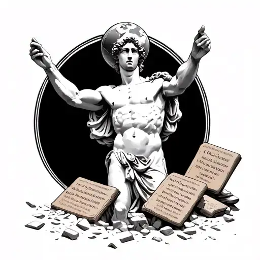 statue of atlas holding the world on his back. broken stone tablets at his feet with different latin scriptures on them tattoo design idea