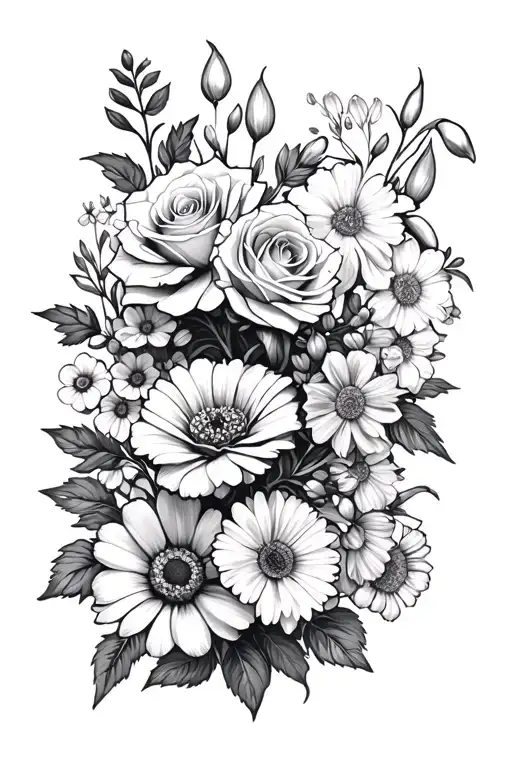 roses, honeysuckles, daffodils, chrysanthemums, marigolds, cosmos, delphiniums, daisies, snowdrops, and carnations tattoo design idea