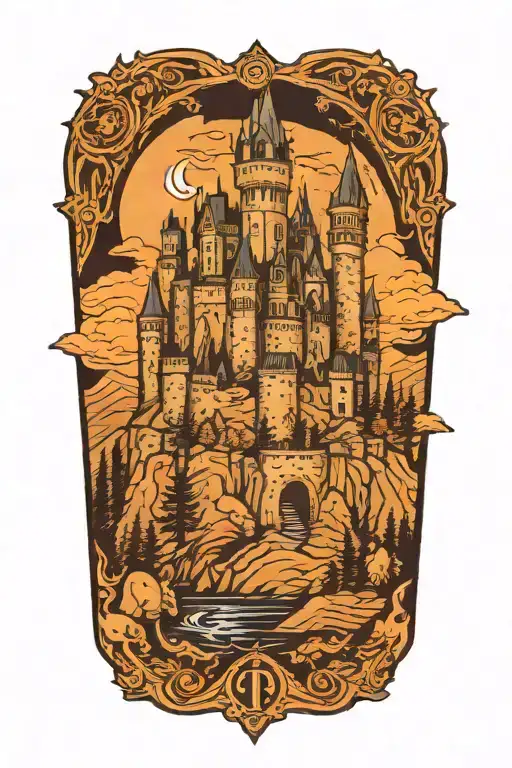 Gothic Medieval castle overlooking mountains tattoo design idea