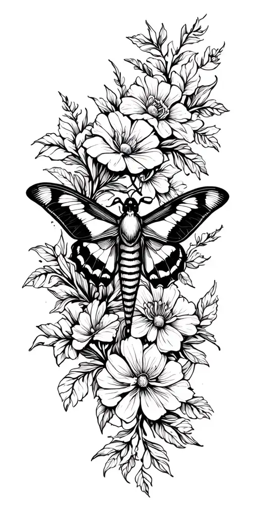 floral sleeve with death moth  tattoo design idea