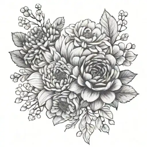 Wrist bracelet fine line dahlias forget-me-nots ranunculus violets tattoo design idea