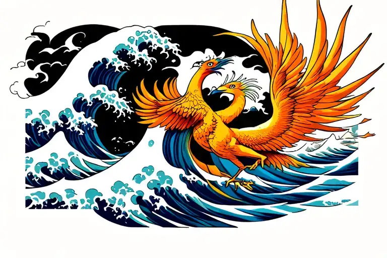 Image of the great wave and a phoenix  tattoo design idea