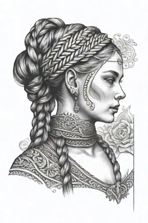 Slavic girl, in traditional Russian dress, with a braid on her head, face clearly visible, full length tattoo design idea
