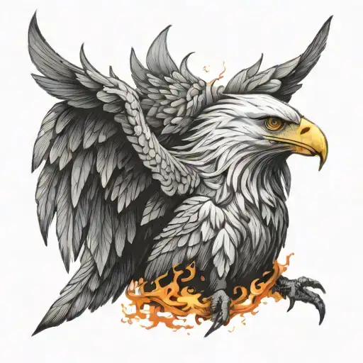 An eagle-phoenix hybrid with its wings outstretched. Infused with flame-like texture. Realistic and mystical, powerful tattoo design idea