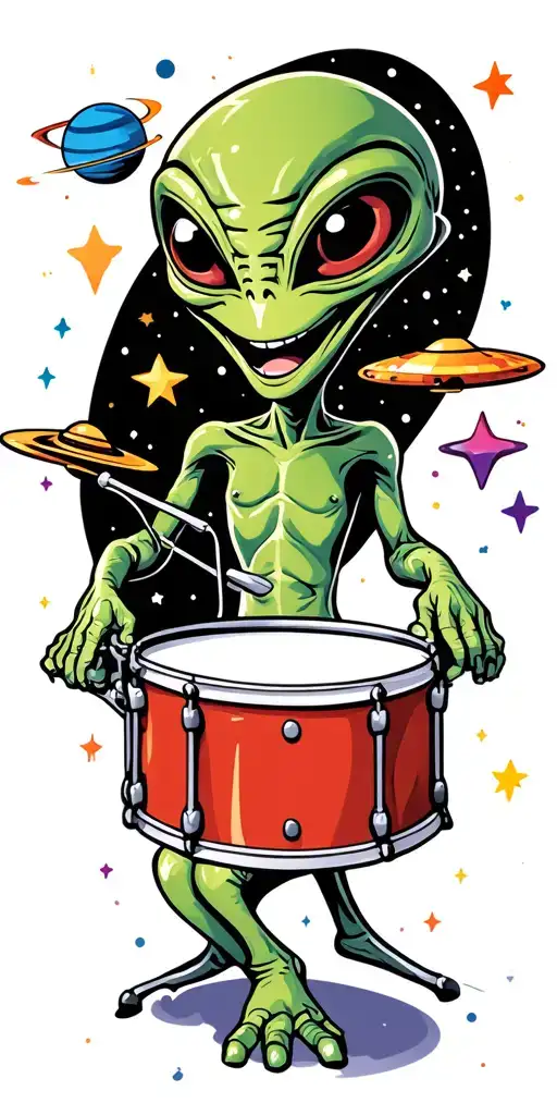 cartoon alien smiling playing drums, planets and ufo, stars, colorful tattoo design idea