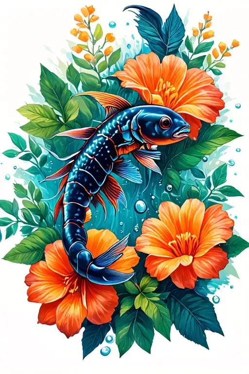 flowers forest water fish scorpio tattoo design idea