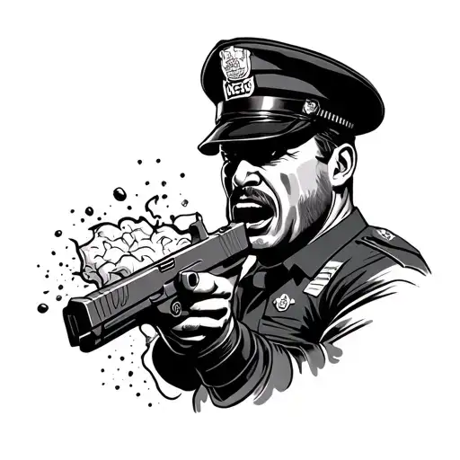 American traditional, bold line work, of a cop with his own Glock in his mouth and he is blowing his brains out tattoo design idea