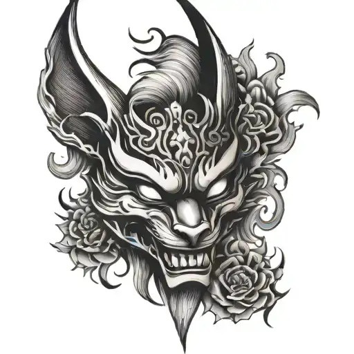 half kitsune mask and half oni mask tattoo design idea
