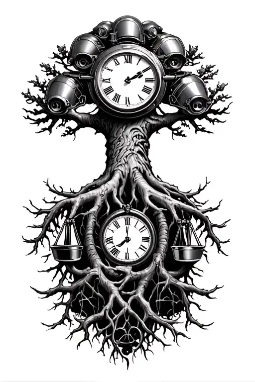midevil tree of life with roots, libra scales, v-twin knucklehead engine heads and a clock intertwined  tattoo design idea