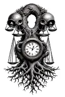 midevil tree of life with roots, libra scales, v-twin knucklehead engine heads and a clock intertwined  tattoo design idea