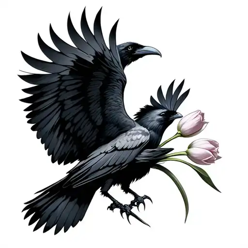 gothic dark raven flying with wings spread open carrying 2 tulips in claws, detailed feathers realistic big tattoo design idea