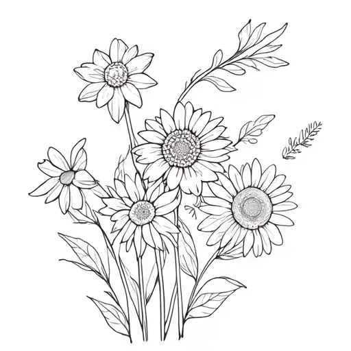 1 Chrysanthemum, 1 Daffodil, 1 Daisy bouquet tattoo fine line tattoo design idea
