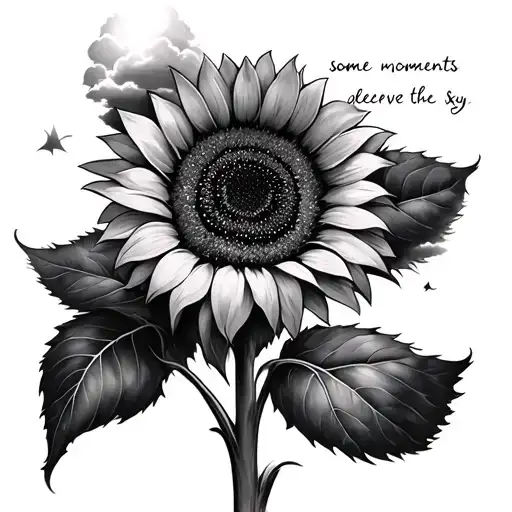 black and white, memorial tattoo, sky, sunflower, with quote" some moments deserve the sky" tattoo design idea