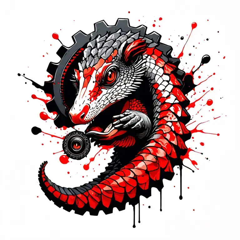 a curled up stylized pangolin holding a gear tattoo design idea
