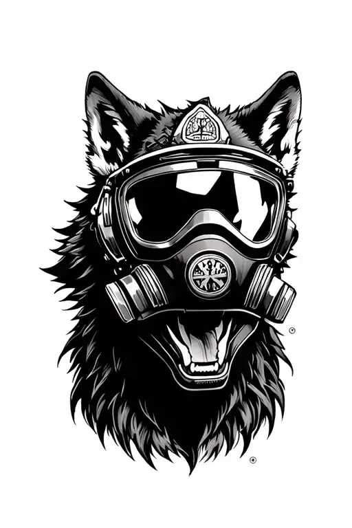 wolf head with a firefighter mask tattoo design idea