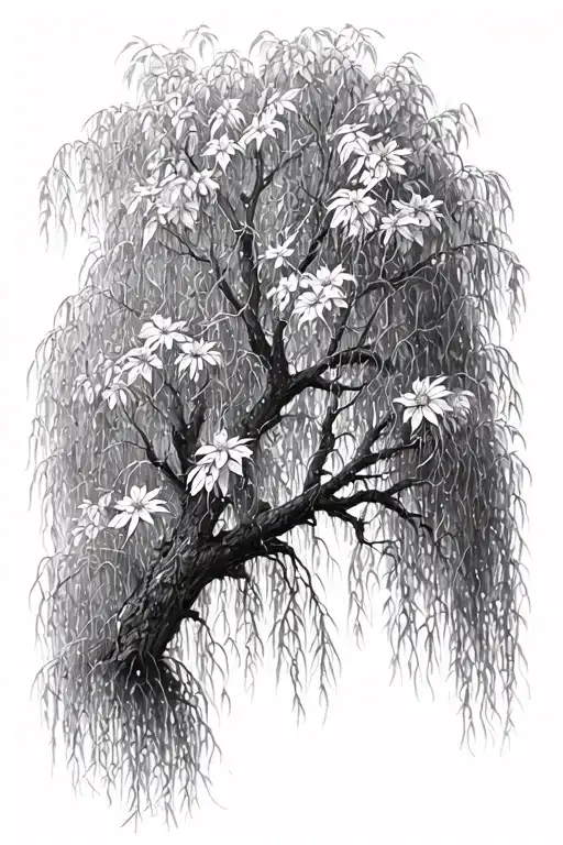 Weeping willow tree, february, march, april, june, novemeber and december brith flowers tattoo design idea