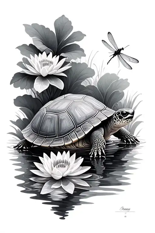 A realistic turtle watching dragonflies with a water lily border in a Black and grey tattoo tattoo design idea