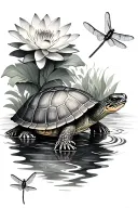 A realistic turtle watching dragonflies with a water lily border in a Black and grey tattoo tattoo design idea